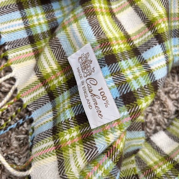 Cashmere Scarf Plaid Green Cream and Blue Scarf Made In England - Picture 2 of 5